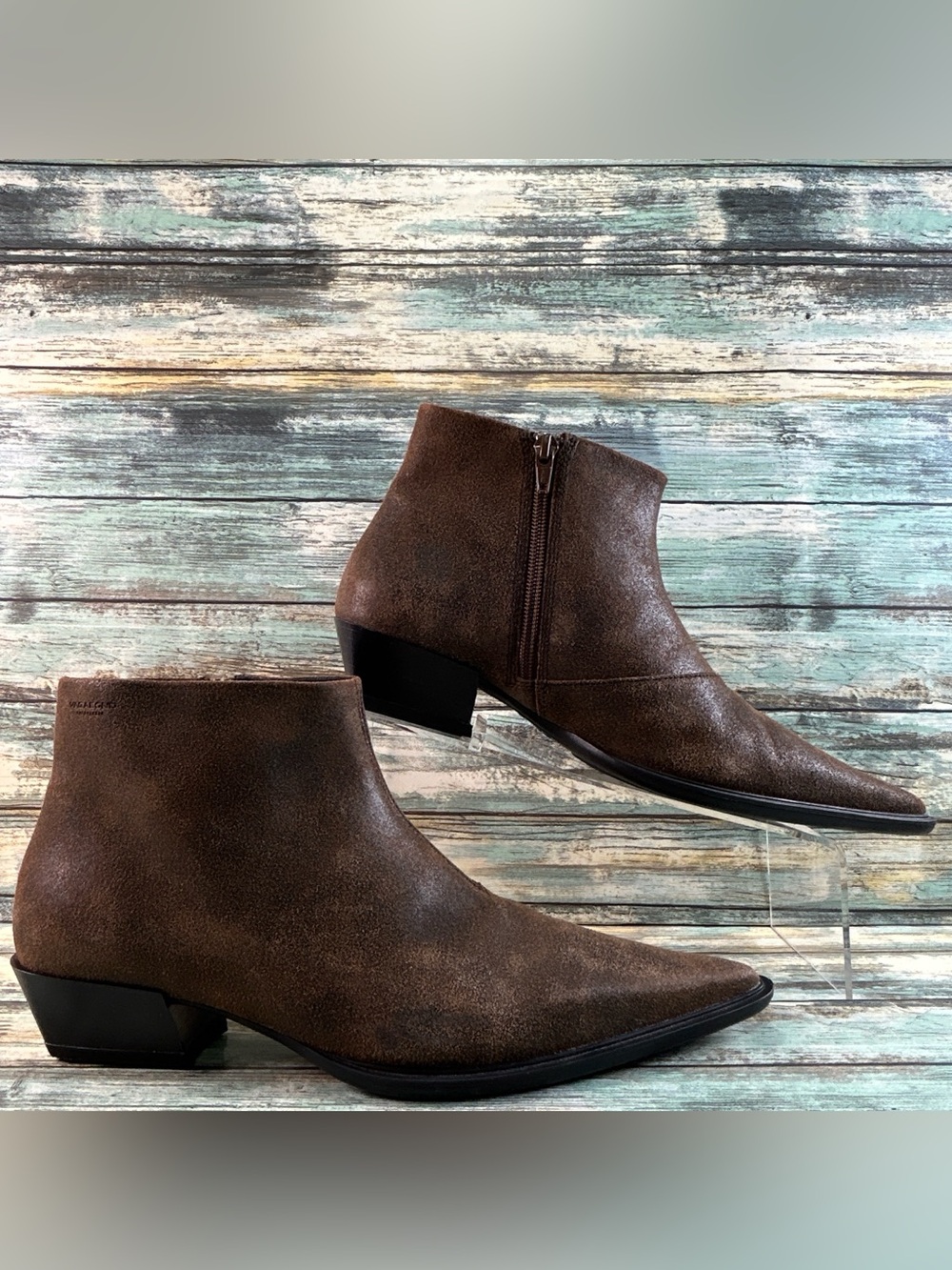 VAGABOND Ankle Boot Size 8 Pointed Toe Block Heel Western Minimal Brown Leather